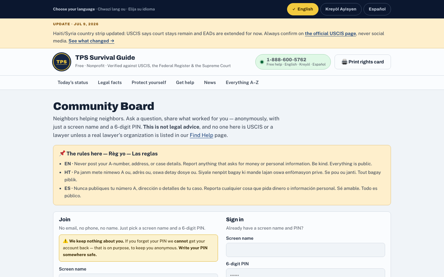 The Community Board page: 'Neighbors helping neighbors — ask a question or share what worked, anonymously, with just a screen name and a 6-digit PIN.' The rules are shown in English, Haitian Creole and Spanish, and a notice reads 'We keep nothing about you.'