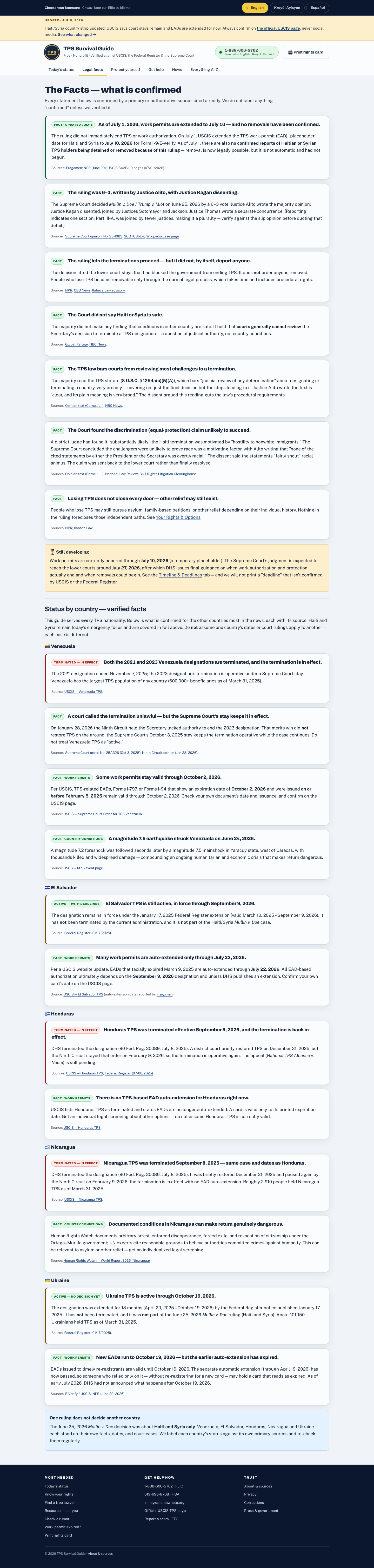 A long scroll down the Verified Facts page, showing section after section of plain-language answers, each tied to a primary government source.